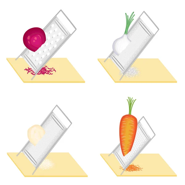 Collezione. Cipolle di barbabietola grattugiate, cipolla, carote, patate. Preparazione di deliziosi cibi sani. Insieme illustrazione vettoriale — Vettoriale Stock