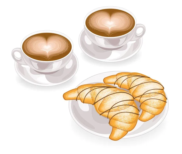 Twee kopjes koffie met schuim in de vorm van hart en verse croissant op een bord met chocolade. Klassiek Frans ontbijt. Vector illustratie — Stockvector