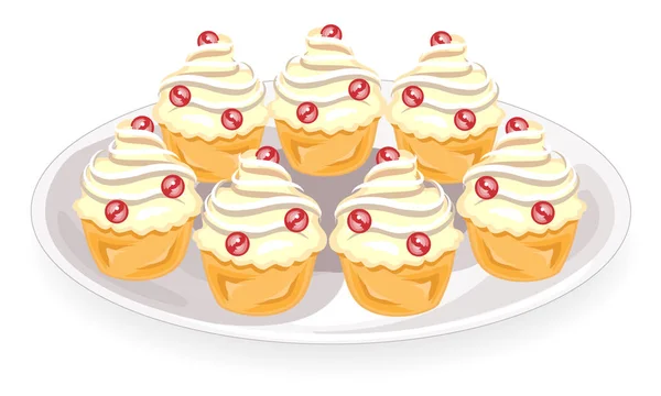 Leckere Cupcakes mit Sahnefüllung. Auf dem Teller liegt ein süßer Muffin. Kuchen als Dessert. Vektorillustration — Stockvektor