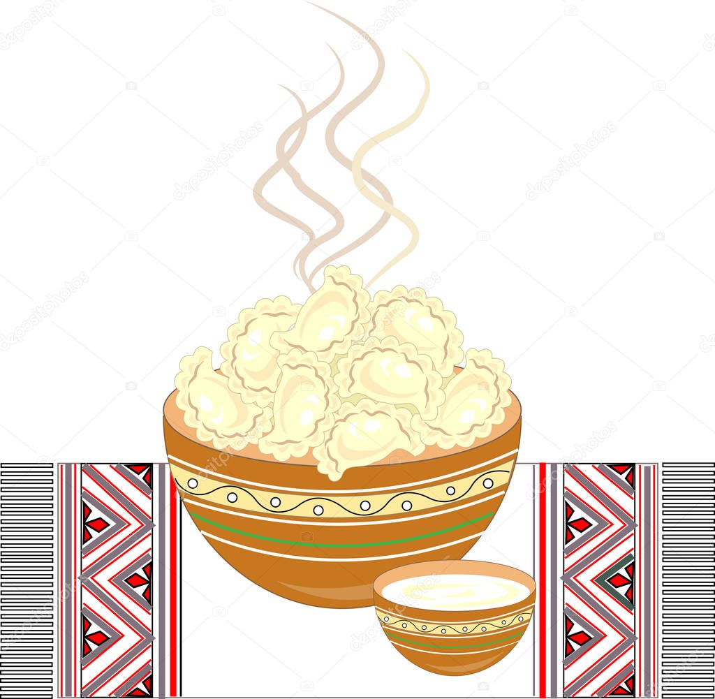 Ukrainian national dish. Vareniki with cottage cheese, potatoes, meat, dumplings . Decoration of the festive table. On an embroidered towel. Delicious hot food. Vector illustration