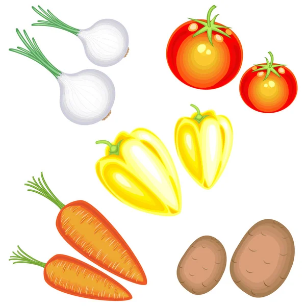 Légumes frais savoureux. Dans la collection de pommes de terre, carottes, oignons, poivrons, tomates. Une récolte abondante. Illustration vectorielle — Image vectorielle