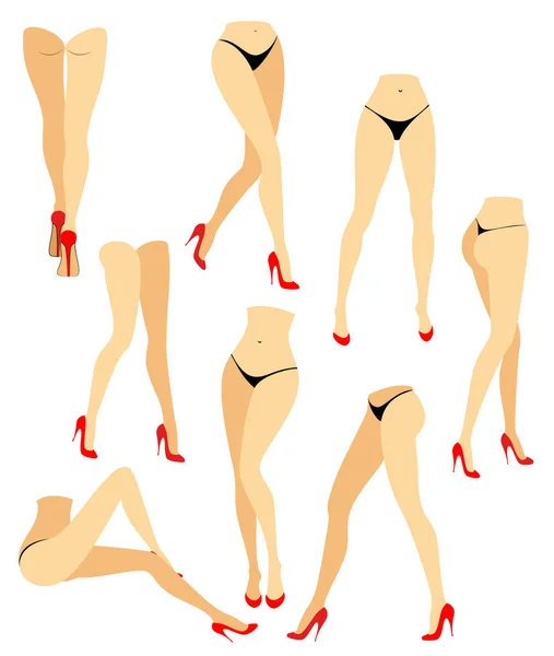 Collectie. Een foto met silhouetten van slanke mooie vrouwelijke benen in rode schoenen met hoge hakken. Verschillende houdingen van de benen wanneer het meisje staat, leugens, leugens. Vector illustratie instellen — Stockvector