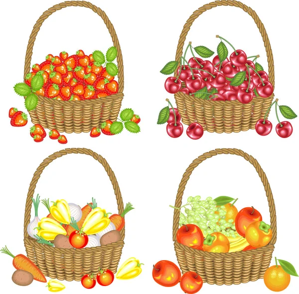 Koleksi yang lezat. Empat keranjang lengkap dengan stroberi, ceri, sayuran, buah-buahan. Panen yang berlimpah. Ilustrasi vektor - Stok Vektor