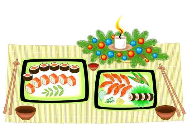 Świąteczny stół. Nowy rok bukiet z choinki i świecy. Wyrafinowane dania japońskiej kuchni narodowej, owoce morza, Sushi, bułki, ryby. Ilustracja wektorowa — Wektor stockowy