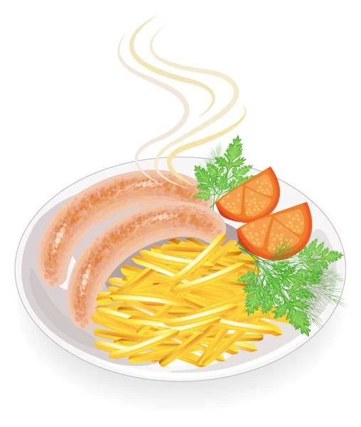Two sausages on a plate. Garnish fried potatoes, vegetables, tomato and greens of dill and parsley. Hot dish for breakfast, lunch, dinner. Tasty and nutritious food. Vector illustration — Stock Vector