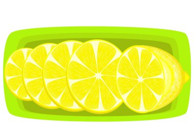 Sulu bir limon tat. Tabakta dilimler. Aromatik tedavi. Vitamin ve eser elementlerin kaynağı. Vektör çizimi