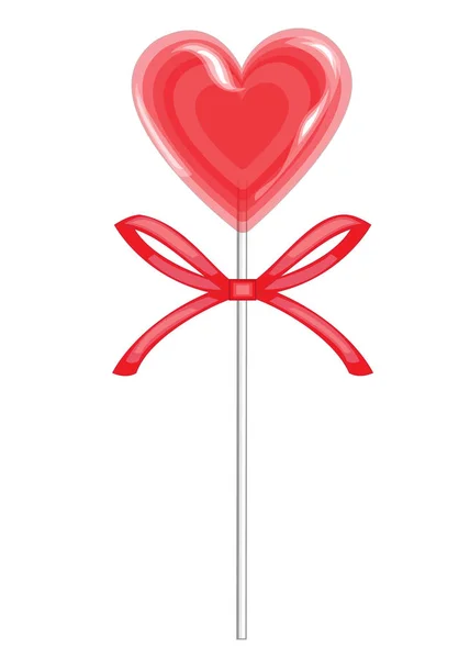 Sweet treat on a stick. Red candy in the shape of heart bandaged with ribbon. Valentine s gift for St. Valentine s Day. Vector illustration — Stock Vector