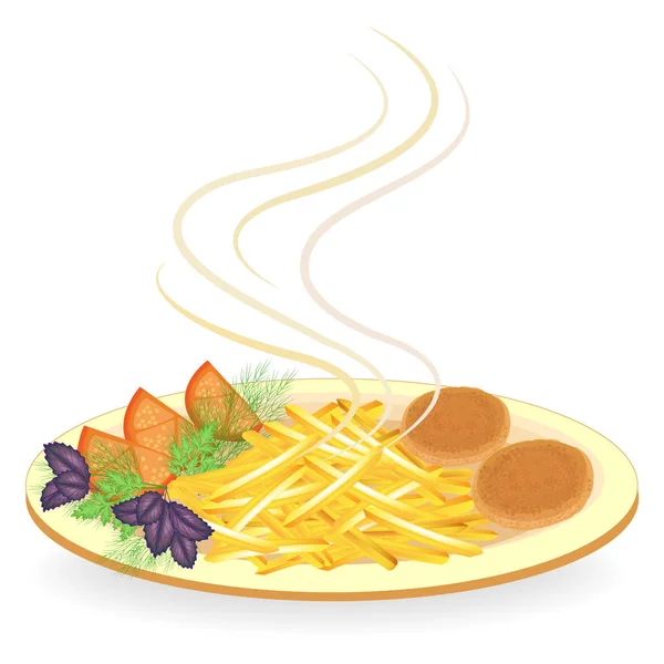 Котлеты на тарелке. Гарнир жареный картофель, овощи, помидоры и зелень укропа, базилик и петрушку. Горячее блюдо на завтрак, обед, ужин. Вкусная и питательная еда. Векторная иллюстрация — стоковый вектор