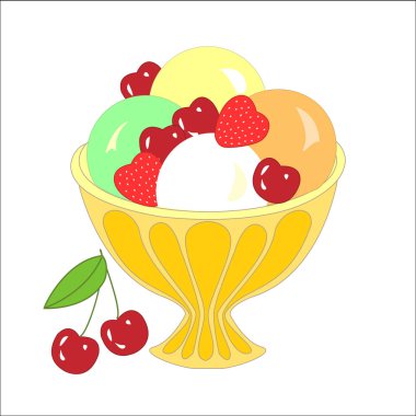 Farklı topingler ve tatlar ve meyve ile dondurma topları. Vektör çizimi