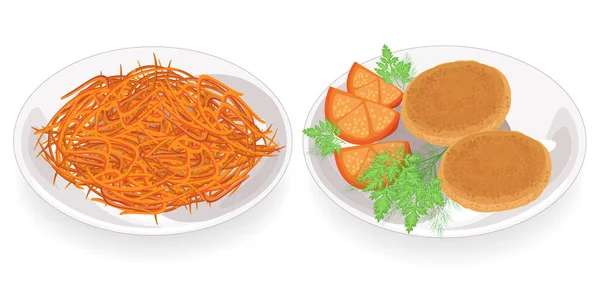 Collecte. Des galettes frites dans une assiette. Un plat avec Morkwi coréen. Décorer de tomates, d'aneth et de persil. Délicieux, frais et nutritifs. Jeu d'illustrations vectorielles — Image vectorielle