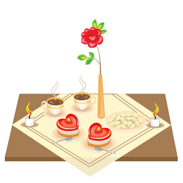 Romantikus asztal szerelmeseinek. Egy finom szív alakú torta és két csésze kávét, egy szív alakú hab, gyertyák. Valentin nap. Vektoros illusztráció — Stock Vector