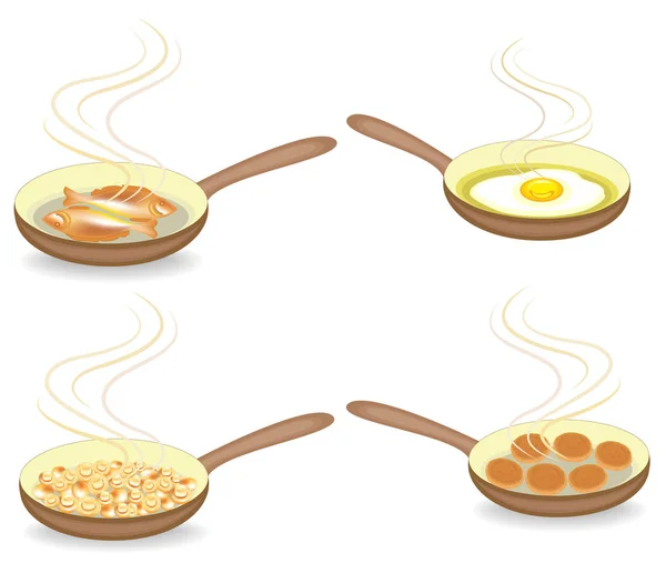 Коллекция. На горячей сковороде жареное яйцо, котлеты, грибы, рыба. Подготовка вкусной и питательной пищи на завтрак, обед и ужин. Набор векторных иллюстраций — стоковый вектор