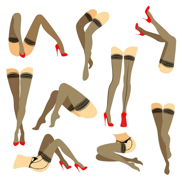 Коллекция. Силуэт стройных красивых женских ног. Леди в разных позах. Девушки, одетые в модные чулки и обутые в красные туфли на высоких каблуках. Набор векторных иллюстраций — стоковый вектор