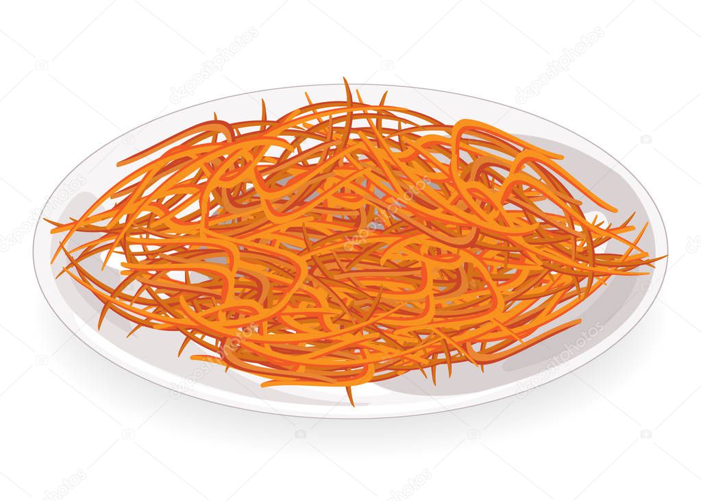 Ripe beautiful carrots on a plate. Grate the grated vegetables. Cooking Korean carrot. Tasty, healthy food. Vector illustration