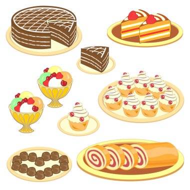 Tatlı koleksiyonu. Nefis davranır, kek, dondurma, rulo, cupcakes, kekler, tatlılar. Şenlik masasının dekorasyonu. Vektör çizimi