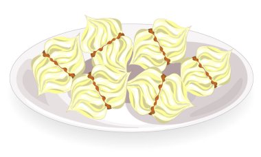 Bir ipek tabakası ile bir tabaküzerinde lezzetli marshmallow. Beyaz havadar tatlılık. Vektör çizimi