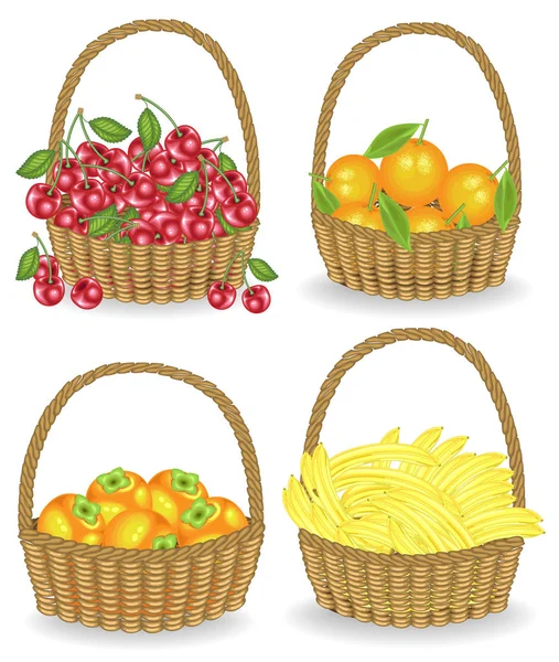 Sammelte eine reiche Ernte. Der Korb ist voll von reifen, saftigen Früchten. frische Bananen, Orangen, Kaki, Kirschen, eine Quelle von Vitaminen und Genuss. Vektor Illustration Set — Stockvektor