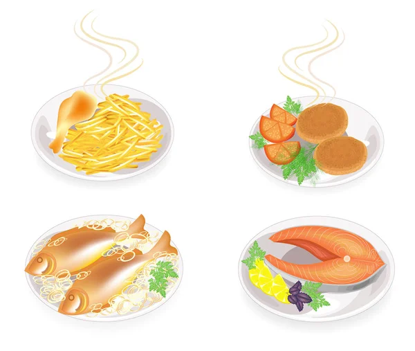 Sur une assiette côtelettes, un tibia de viande de poulet, un poisson. Garnir les pommes de terre frites, les oignons, la tomate, l'aneth vert, le basilic et le persil. Aliments savoureux et nutritifs. Illustration vectorielle — Image vectorielle