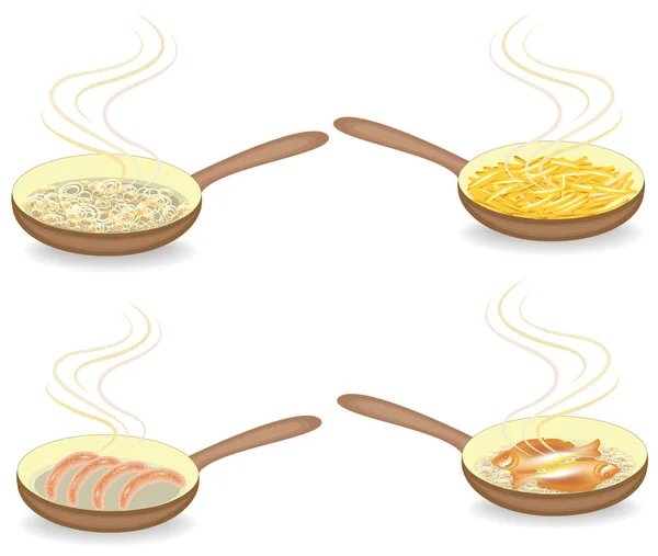 Kolekcji. Na gorącej patelni smażone cebula, ryby, kiełbasa, ziemniaki. Przygotowanie pysznego i pożywnego jedzenia na śniadanie, lunch i kolację. Zestaw ilustracji wektorowych — Wektor stockowy