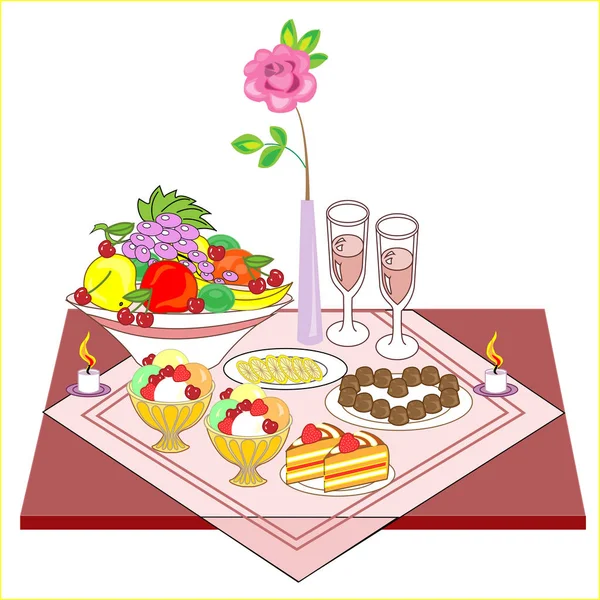 Romantic table set for two lovers. Delicious wine, sweets, sweets, fruits - all for a wonderful mood. Burning candles create a unique atmosphere. Vector illustration — Stock Vector