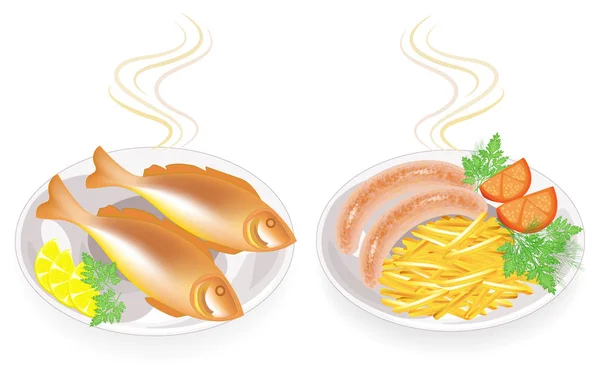 Colección. En un plato de salchichas fritas y pescado. Decorar patatas, limón, tomate, perejil, eneldo. Comida sabrosa y nutritiva. Conjunto de ilustraciones vectoriales — Vector de stock