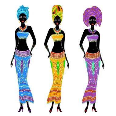 Güzel Afro-Amerikan bayanlar bir koleksiyon. Kızların parlak kıyafetleri, kafalarında sarık var. Kadınlar genç ve zayıf. Vektör illüstrasyon seti