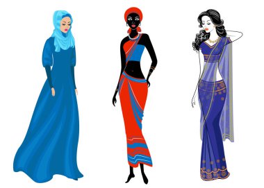 Güzel kadınlardan oluşan bir koleksiyon. Bir Müslüman, Afro-Amerikalı bir kız ve Hintli bir kadın. Ulusal kıyafetler. Vektör çizimleri kümesi