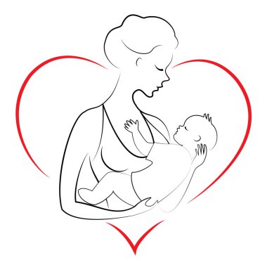 Tatlı bir bayanProfili. Kızın silueti, bebeği kollarına tutar. Genç ve güzel bir kadın. Mutlu annelik. Kalp şeklinde çerçeve. Vektör çizimi