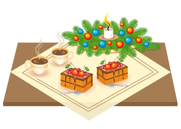 Праздничный стол. Вкусный торт и чай, кофе. Рождественский букет от елки и свеча придают романтическое настроение. Векторная иллюстрация — стоковый вектор