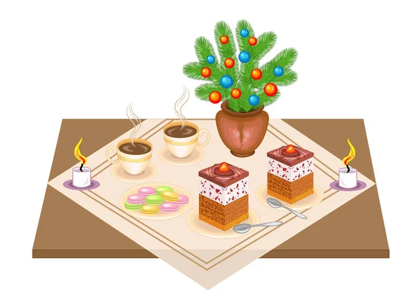 축제 테이블입니다. 맛있는 케이크와 차, 커피. 크리스마스 트리와 촛불에서 크리스마스 꽃다발은 낭만적 인 분위기를 제공합니다. 벡터 일러스트레이션 — 스톡 벡터