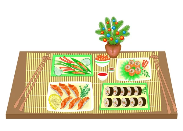 Świąteczny stół. Nowy rok bukiet z choinki. Wyrafinowane dania japońskiej kuchni narodowej, owoce morza, Sushi, bułki, ryby. Ilustracja wektorowa — Wektor stockowy
