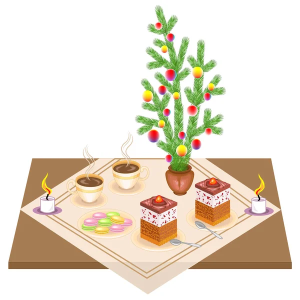 Tavolo festivo. Bouquet di Capodanno dall'albero di Natale. Deliziosa torta e tè. Le candele danno un umore romantico. Illustrazione vettoriale — Vettoriale Stock
