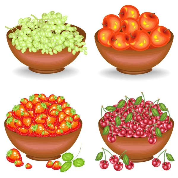 Sammelte eine reiche Ernte. in Schalen voller reifer saftiger Früchte. frische Trauben, Kirschen, Äpfel, Erdbeeren, eine Quelle von Vitaminen und Genuss. Reihe von Vektorillustrationen — Stockvektor