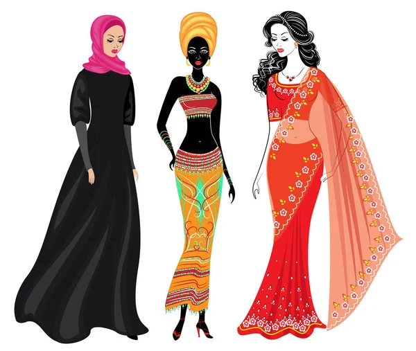 Güzel kadınlardan oluşan bir koleksiyon. Bir Müslüman, Afro-Amerikalı bir kız ve Hintli bir kadın. Ulusal kıyafetler. Vektör çizimleri kümesi — Stok Vektör