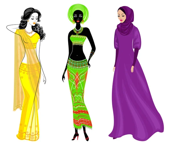 Una colección de hermosas damas. Una musulmana, una afroamericana y una india. Ropa nacional. Conjunto de ilustraciones vectoriales — Archivo Imágenes Vectoriales