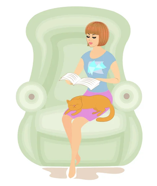 Χαριτωμένο κορίτσι που διαβάζει ένα βιβλίο στην καρέκλα. Η κυρία κρατάει μια γάτα, το ζώο κοιμάται. Χαρούμενη διάθεση και άνεση. Απεικόνιση διανυσματικών φορέων — Διανυσματικό Αρχείο