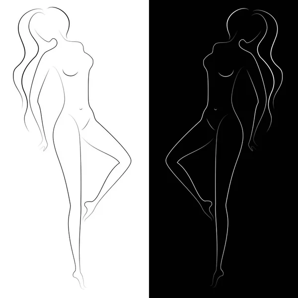 Silhouet van mooie naakt dame op witte en zwarte achtergrond. Figuren van meisjes, sierlijk en slank. Vector illustratie — Stockvector