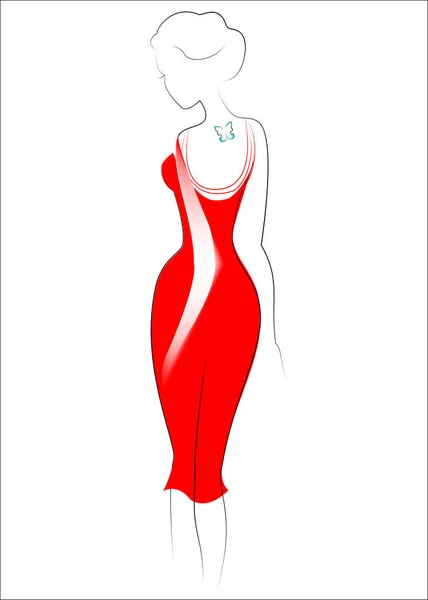 Silhueta de uma linda senhora. A menina é magra e feminina. Vestido com um vestido vermelho. Na parte de trás há uma tatuagem de borboleta. Ilustração vetorial — Vetor de Stock