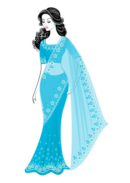 Silhouette es una dulce dama. La chica está vestida con un sari tradicional, ropa nacional india. Mujer joven y hermosa. Ilustración vectorial — Vector de stock