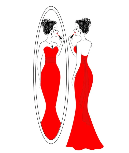 Słodka dama robi makijaż. Dziewczyna maluje usta czerwoną szminką przed dużym, owalnym lustrem. Kobieta ma piękną czerwoną sukienkę. Ilustracja wektorowa — Wektor stockowy