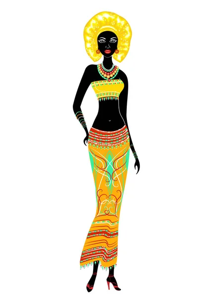 Delgada y hermosa dama afroamericana. La chica tiene ropa brillante, un turbante en la cabeza. La mujer es delgada y hermosa. Ilustración vectorial — Vector de stock