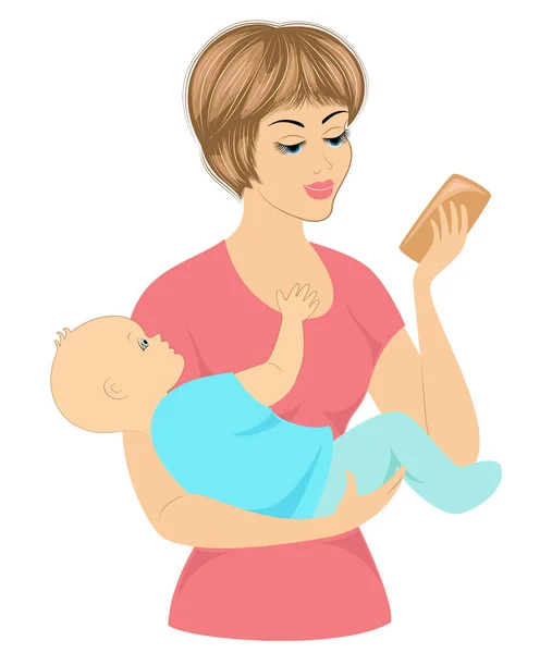 Tatlı bir bayanProfili. Kızın silueti, bebeği kollarına tutar. Genç ve güzel bir kadın. Mutlu annelik. Kalp şeklinde çerçeve. Vektör çizimi — Stok Vektör