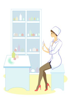 Güzel hemşire, doktor. Kız hastanın tıbbi geçmişini kaydetmek için bir klasör tutuyor. Kadın deneyimli bir profesyonel. Vektör çizimi