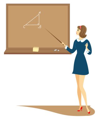 Sınıftaki genç kız. Kız tahtanın yanında duruyor ve ödevini anlatıyor. Hanımefendi çok hoş biri. Vektör illüstrasyonu