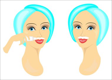 İki kızın yüzü. Bayanlar yüz dökülmesini kendi başlarına yapıyorlar. Bir jel ve balmumu ile üst dudak üzerinde saç çıkarın. Vektör çizimi