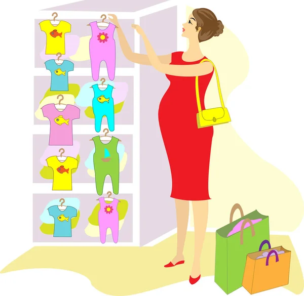 Profil einer schönen Dame. Als schwangere Frau kauft sie Kleidung für ihr Kind. Wählen Sie im Geschäft Schieberegler und T-Shirts. Sie ist eine gute und glückliche zukünftige Mutter. Vektorillustration — Stockvektor