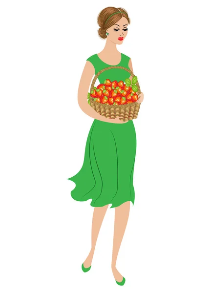 Silhouette einer jungen Dame. Ein Mädchen hält einen Korb mit einer reifen Erdbeere in der Hand. eine junge und schöne Frau. Vektorillustration — Stockvektor