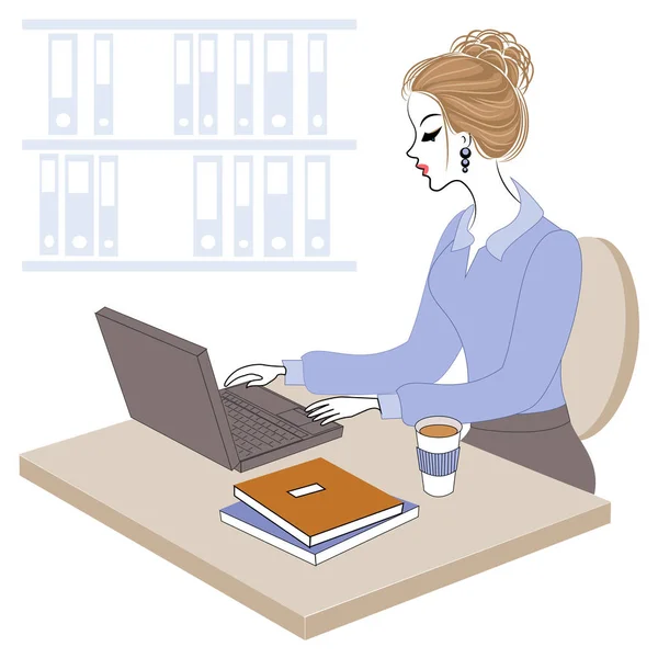 Το προφίλ μιας γλυκιης κυρίας. Νεαρό κορίτσι στη δουλειά στο γραφείο κάθεται σε ένα τραπέζι και δουλεύει στον υπολογιστή. Απεικόνιση διανυσματικών φορέων — Διανυσματικό Αρχείο