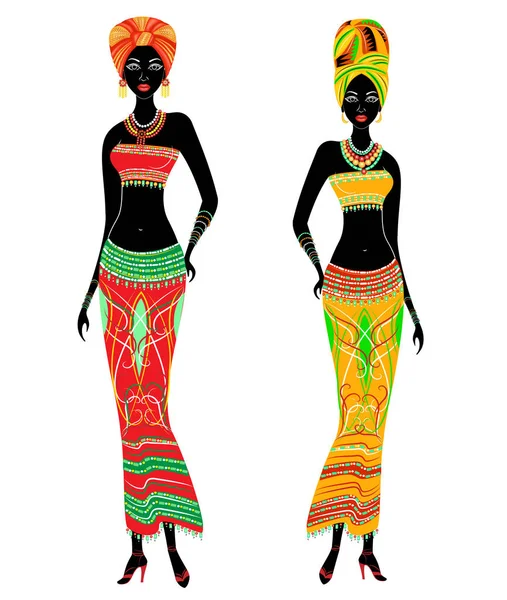 Een collectie van mooie Afro-Amerikaanse dames. Meisjes hebben lichte kleren, een tulband op hun hoofd. Vrouwen zijn jong en slank. Vector illustratie instellen — Stockvector