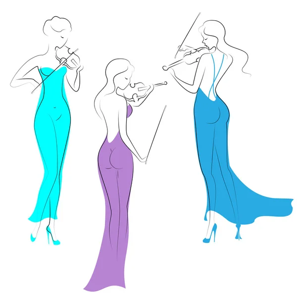 Siluetas de tres hermosas damas en vestidos largos de noche. Las niñas son delgadas y elegantes. Las mujeres tocan violines, son músicos, violinistas. Ilustración vectorial — Vector de stock